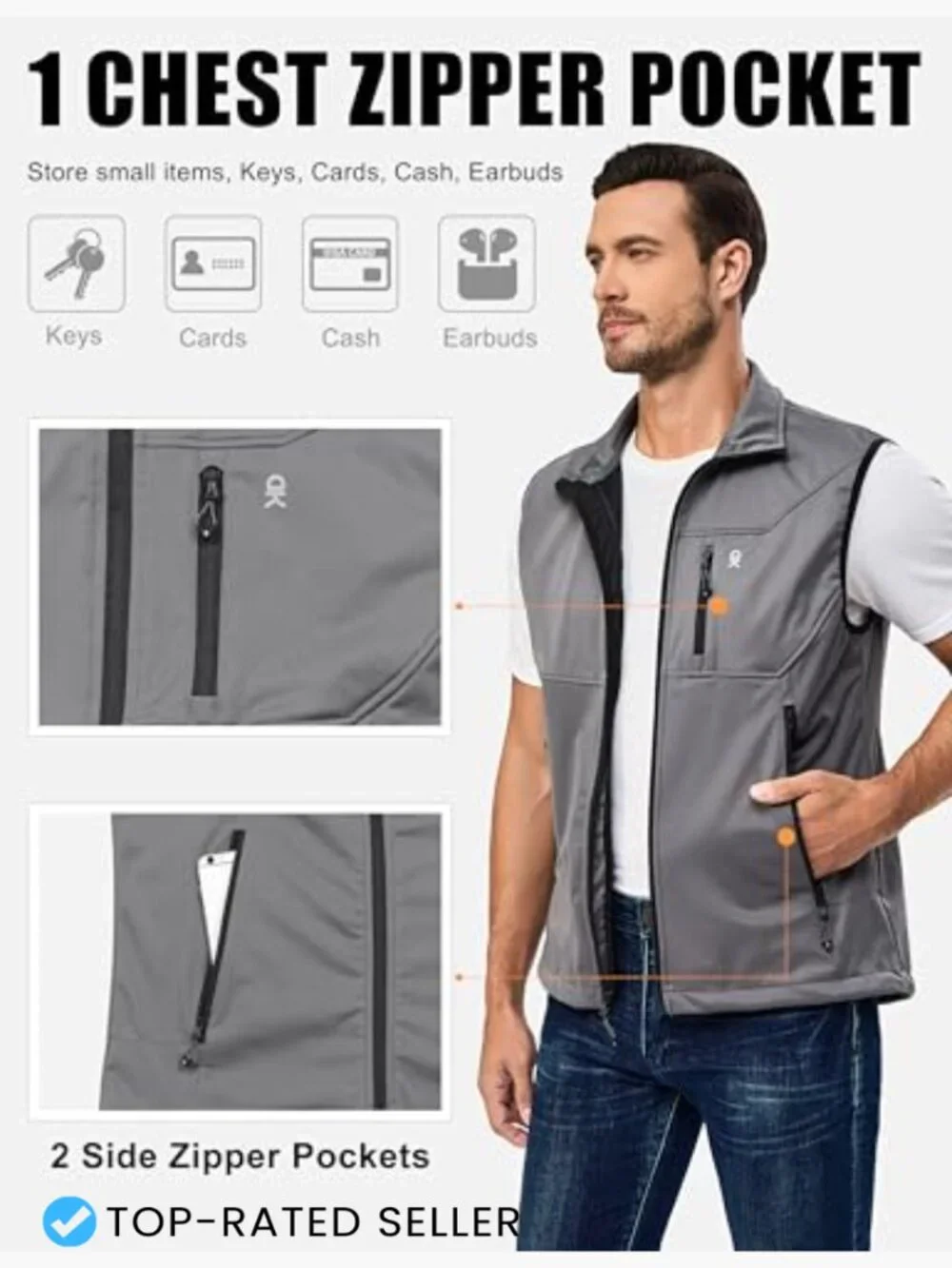 Men's Lightweight Golf Vest Windproof Water-Resistant 4-Way Stretch Zip-Up